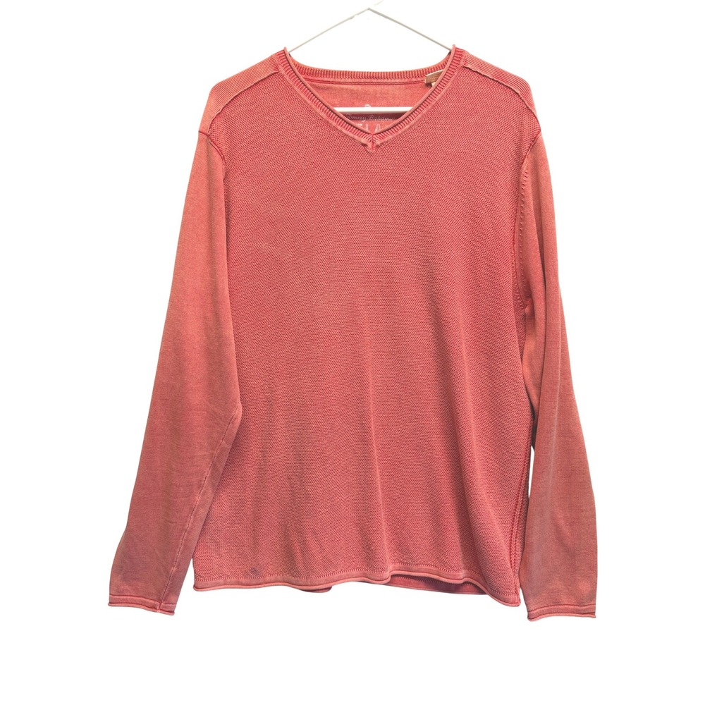 Tommy Bahama Relax V-Neck Textured Cotton Sweater Large Coral Pink Mens